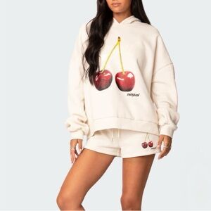 Cherry Graphic Hoodie and Shorts- Cream oversized fit!